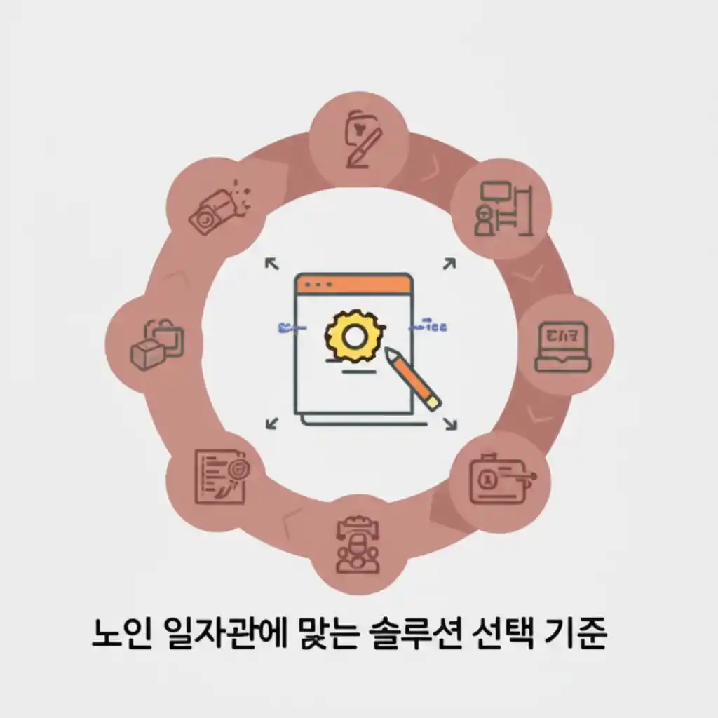 노인 일자리 업무 시스템 솔루션 선택 기준을 보여주는 다이어그램