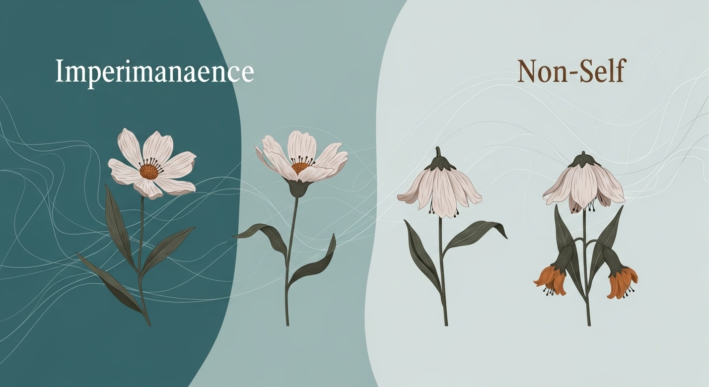 피어나고 시들어가는 꽃들이 끊임없이 변화하는 세상의 본질인 무상과 무아를 상징적으로 보여주는 그림.
