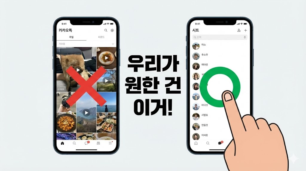 복잡한 피드형 UI와 깔끔하게 복구된 리스트형 UI를 비교하는 이미지