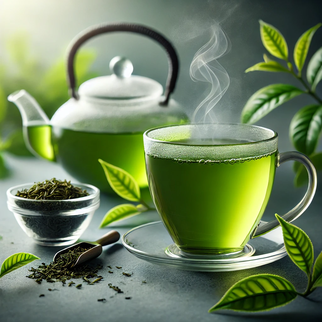 "유리잔에 담긴 따뜻한 녹차와 옆에 놓인 주전자, 신선한 녹차 잎이 배경에 있는 모습"