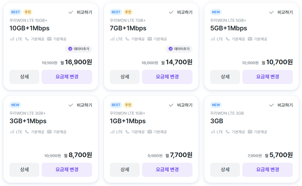우리원 모바일 요금제 일부