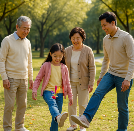 3대가 모여 제기차기 하는 모습