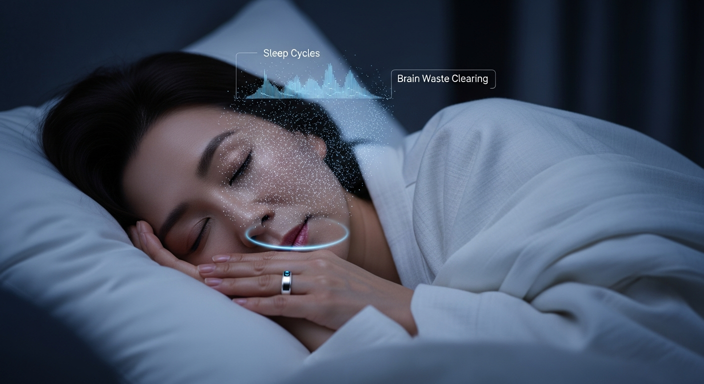 깊은 잠을 자는 동안 뇌 속 노폐물이 청소되는 과정과 슬립 테크 기기를 활용하는 수면 관리 이미지