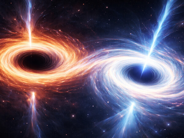 우주 공간에서 나란히 존재하는 블랙홀과 화이트홀의 쌍둥이처럼 연결된 모습, 블랙홀은 붉은빛을, 화이트홀은 푸른빛을 내뿜고 있음