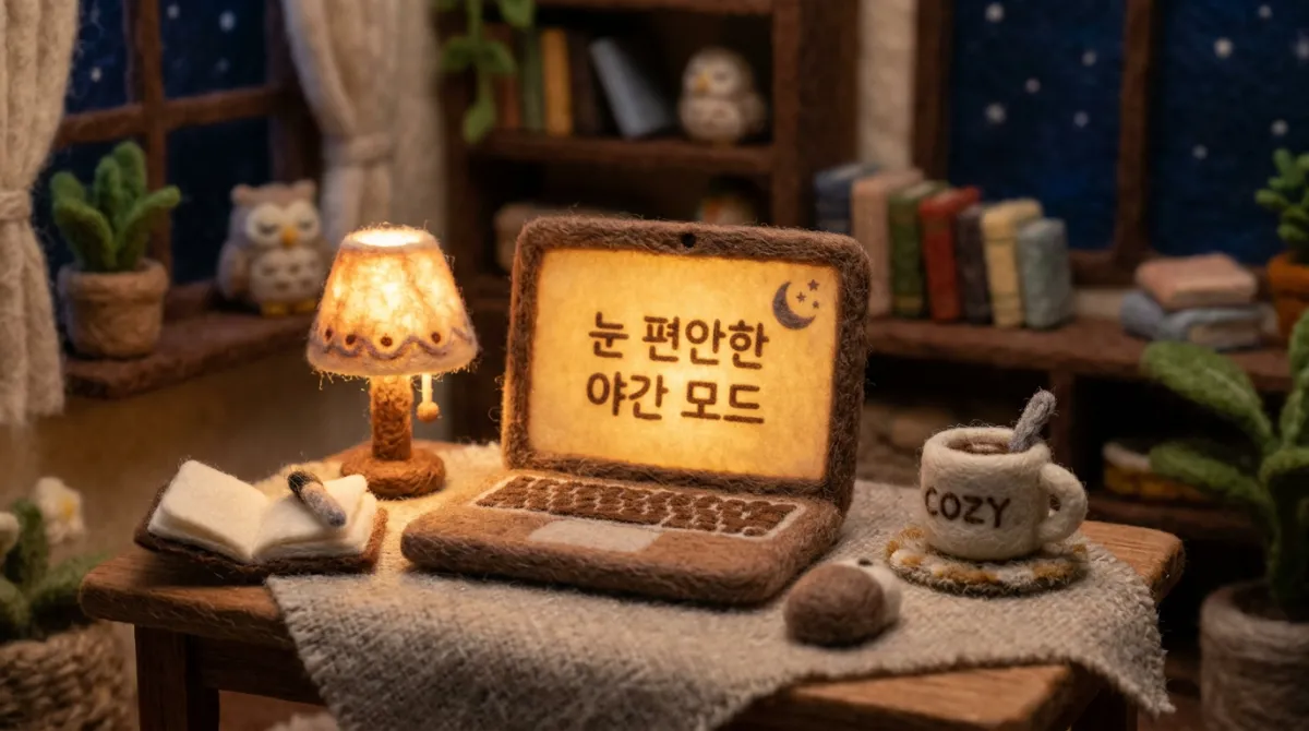니들 펠트 양모 질감으로 표현한 어두운 방에서 눈의 피로를 최소화하기 위해 시력보호 필터와 간접 조명을 활용한 작업 환경