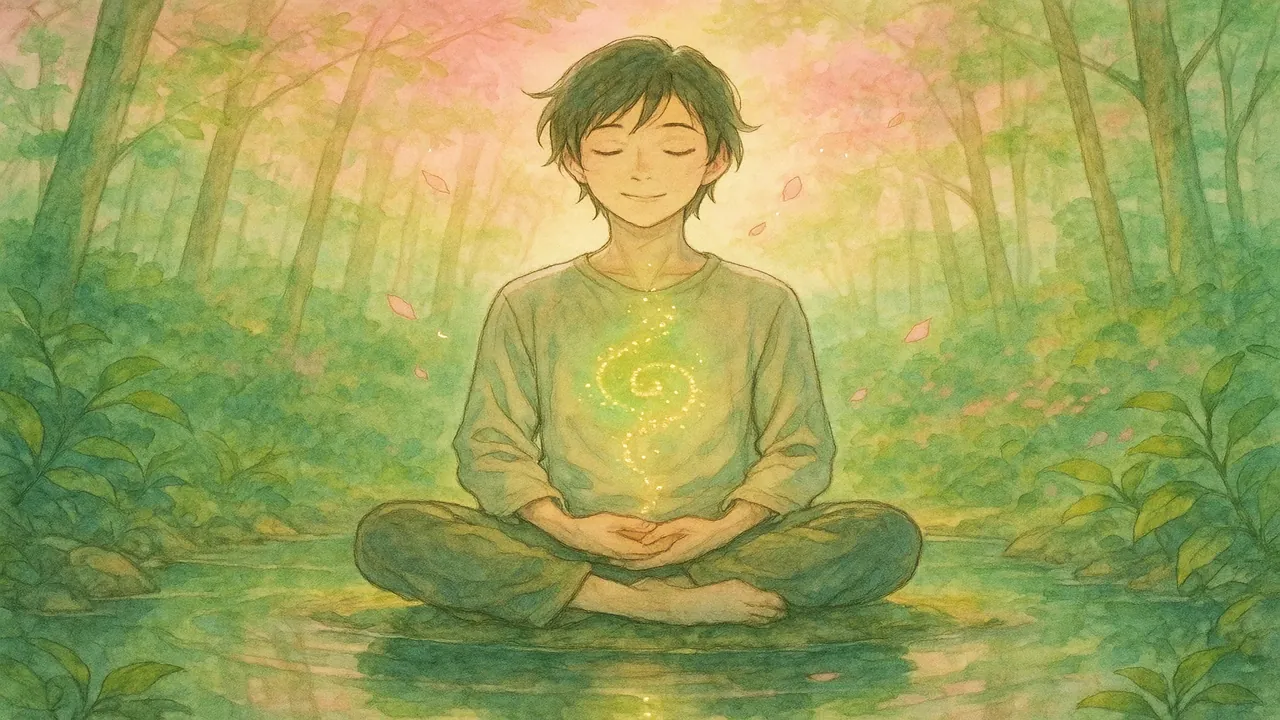 평온한 표정으로 명상하며 내면을 성찰하는 모습으로 용서와 치유의 여정을 시각적으로 표현