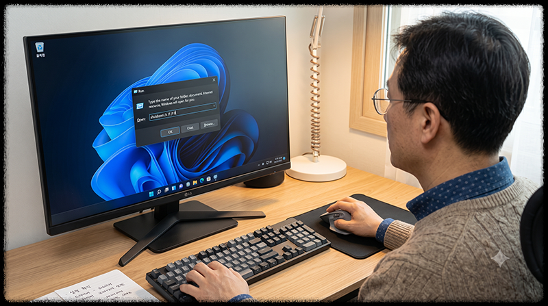 Windows 11 실행 창에서 완전 종료 명령어를 입력하는 모습