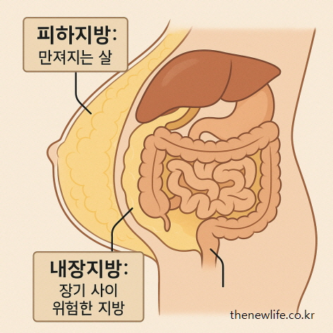 복부 단면 일러스트 &ndash; 겉에서 만져지는 피하지방과 장기 사이에 쌓이는 내장지방의 차이를 보여주는 해부학적 구조도입니다.