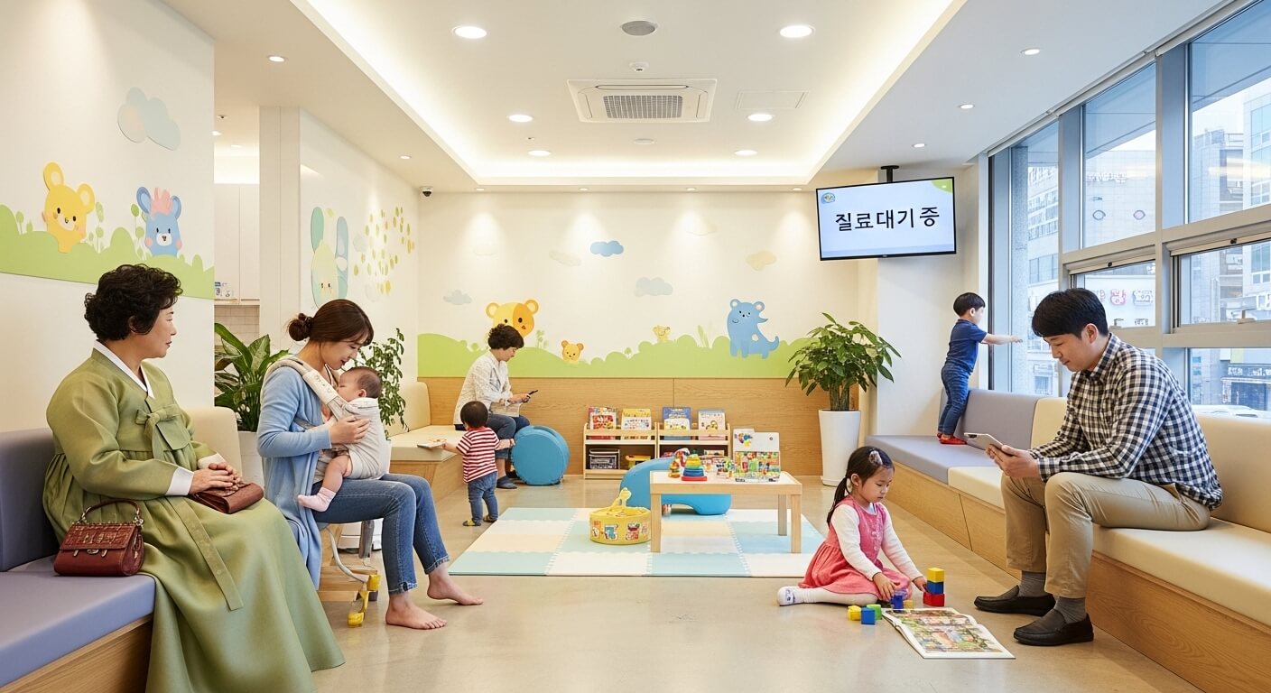 병원 대기실에서 보호자와 아이들이 접종을 기다리는 장면