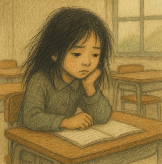 교실 책상에 앉아 슬픈 표정으로 노트를 바라보는 니안짱의 모습