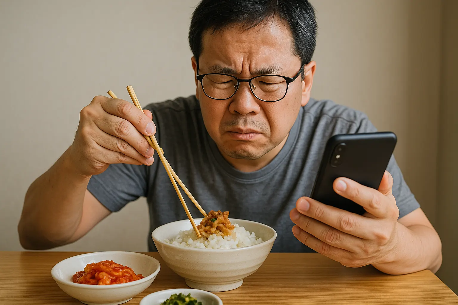 스마트폰을 보면서 식사하는 사람, 시력 저하로 젓가락질에 어려움을 겪는 40대 성인