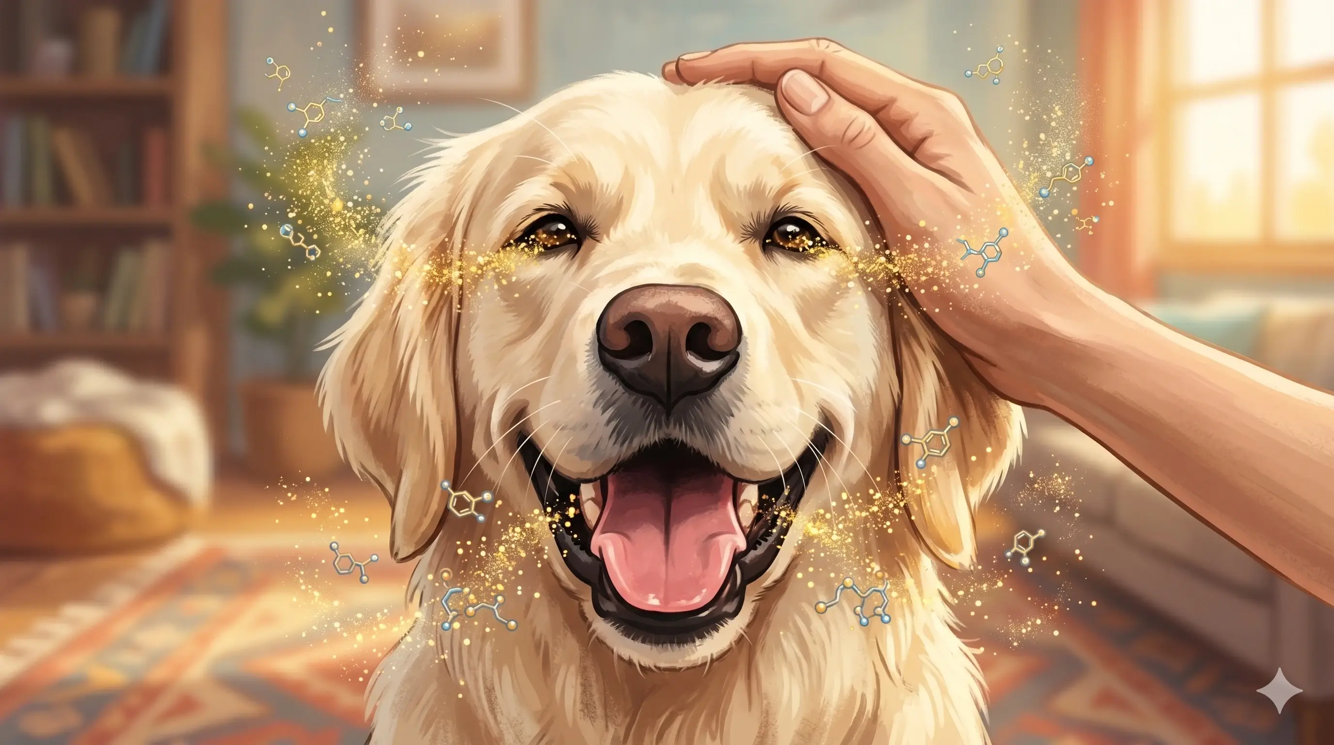 반려견이 미소 지을 때 뇌에서 일어나는 행복 호르몬의 분비를 시각화한 일러스트