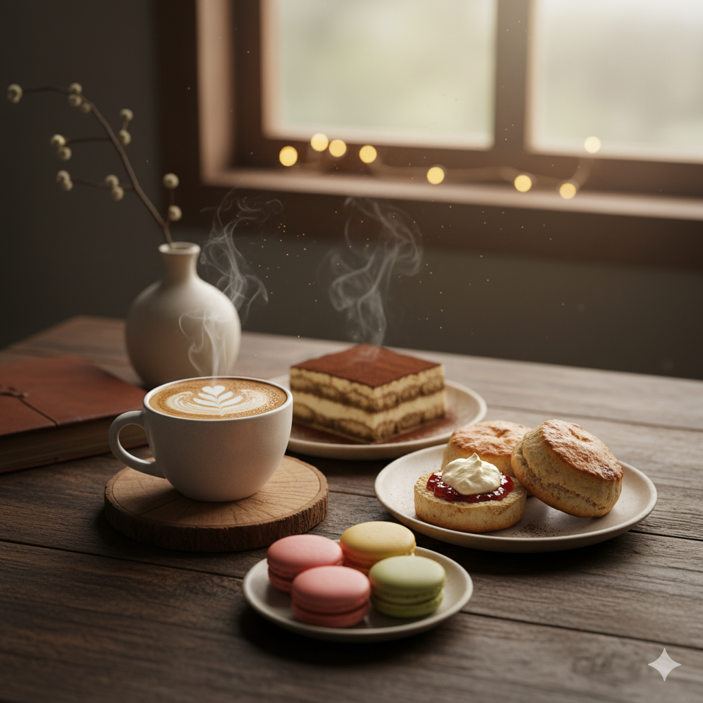따뜻한 커피와 티라미수, 스콘, 마카롱이 함께 놓인 홈카페 디저트 테이블 이미지(이미지 생성:google)