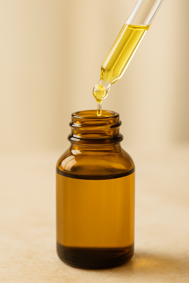 호호바오일 병과 스포이드에 담긴 투명한 오일 제형을 확대 촬영한 이미지. 제형의 가벼움을 강조