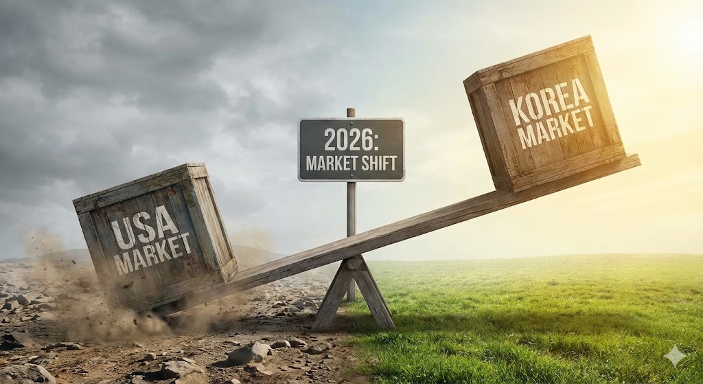 미국 국기가 그려진 시소는 내려가고, 한국 국기가 그려진 시소가 힘차게 올라가는 모습