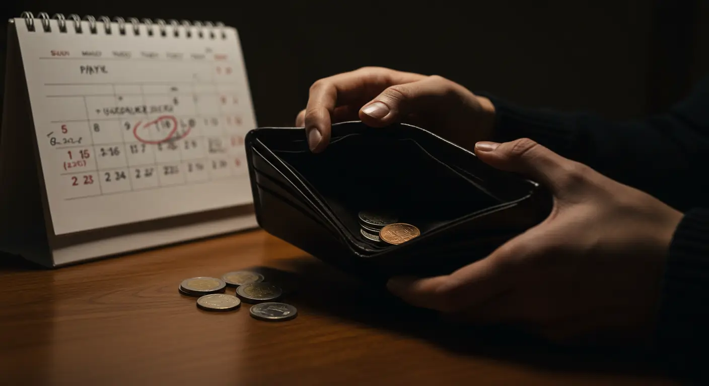 텅 빈 지갑과 아직 멀리 남은 월급날 달력을 보며 걱정하는 사회초년생