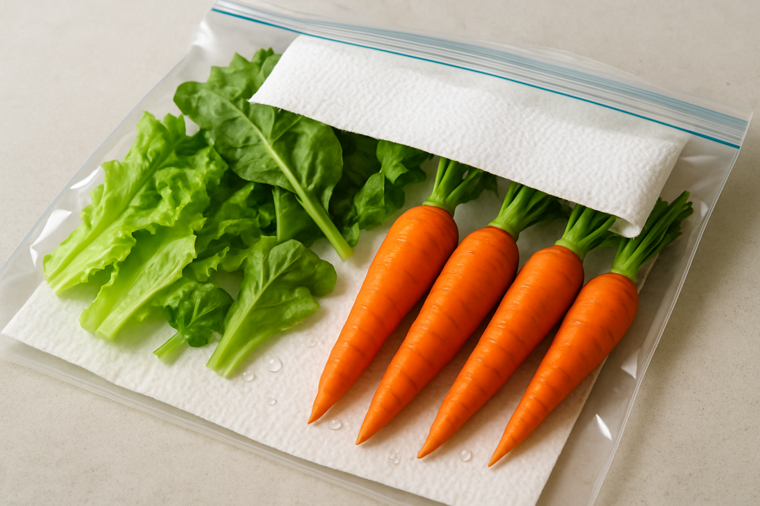 상추와 당근을 키친타월과 함께 지퍼백에 넣어 냉장 보관하기 전 준비된 모습