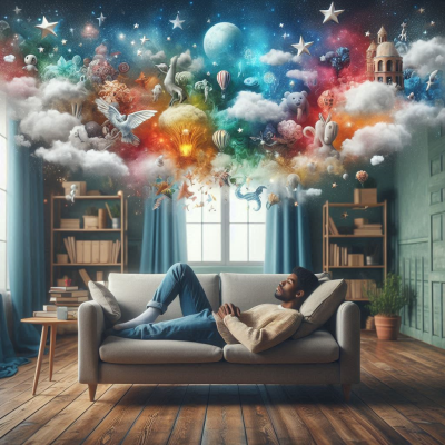 꿈을 꾸는 사람 주위로 여러 색의 구름과 별들이 떠 있는 환상적인 장면.