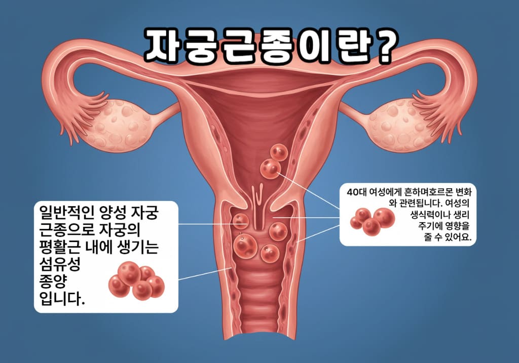 자궁근종 설명, 자궁 내 생긴 섬유성 종양, 40대 여성의 호르몬 변화와 관련, 생리주기나 생식력에 영향을 미칠 수 있음