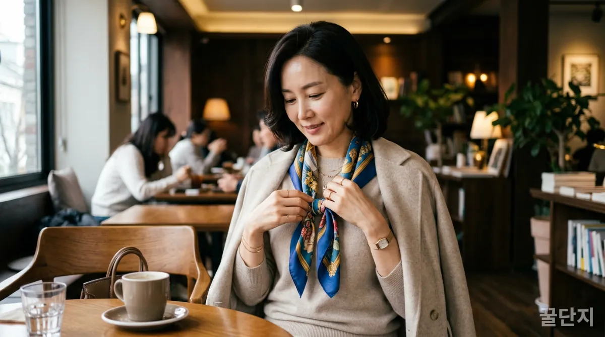 40대 한국 여성이 톤온톤 코디에 스카프를 매치하며 액세서리를 활용하고 있다.