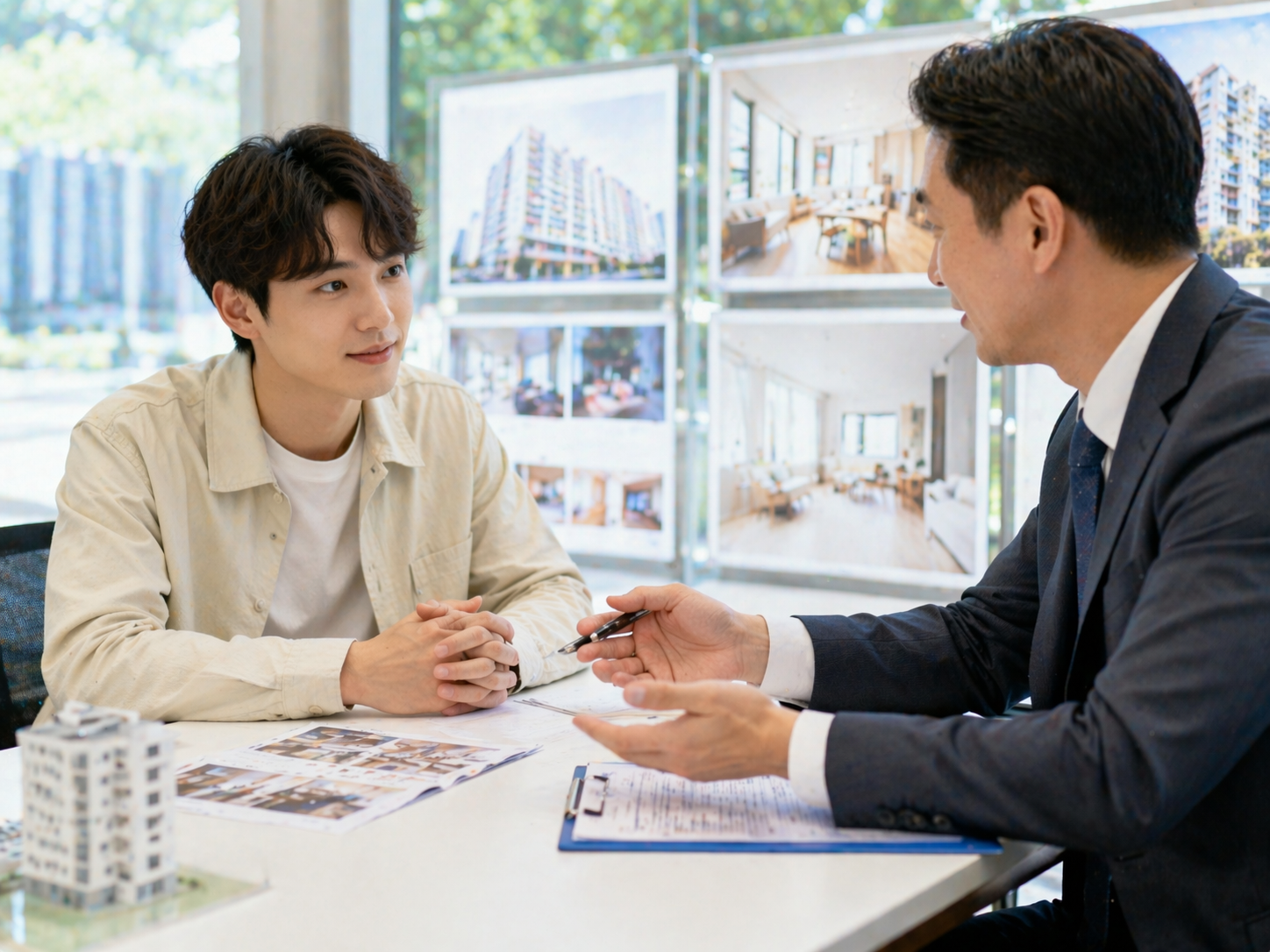 전세를 얻기위해 부동산 중개인과 상담하고 있는 모습