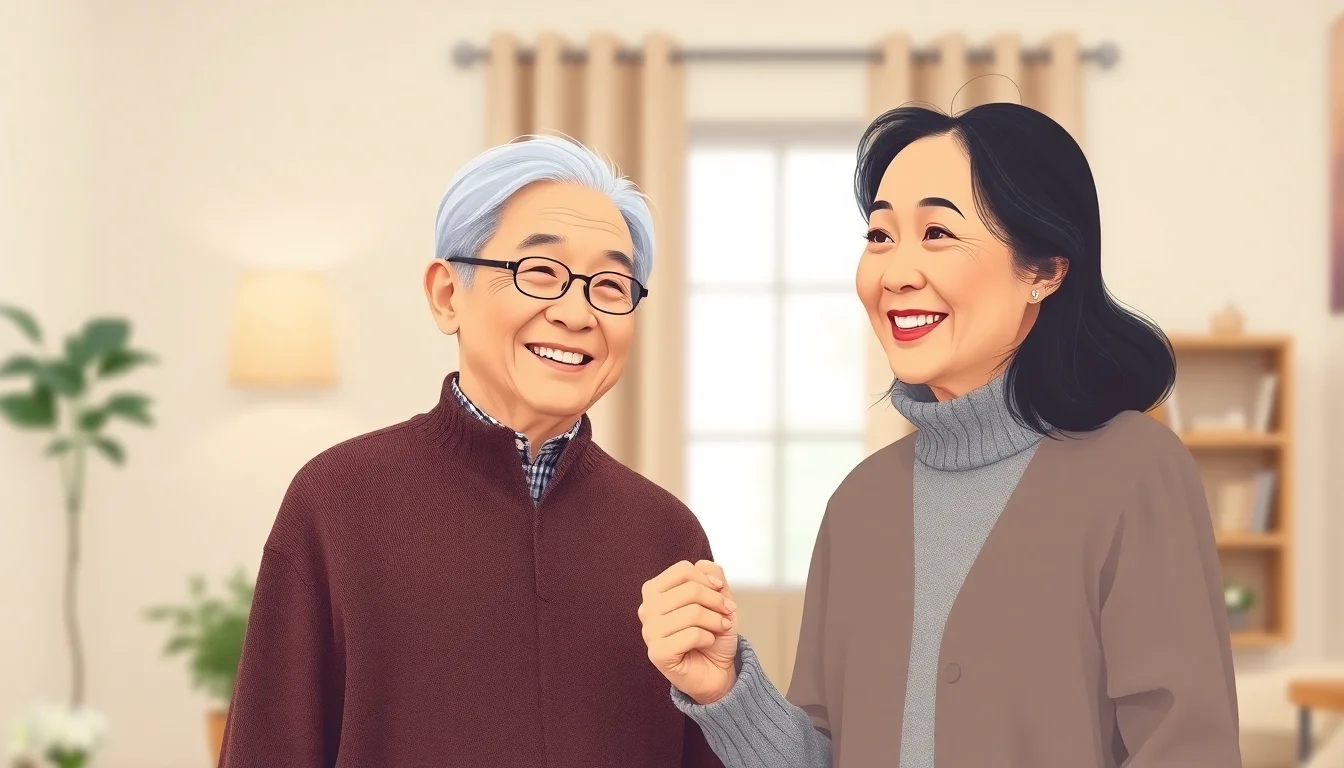 밝은 표정의 동양인 노부부