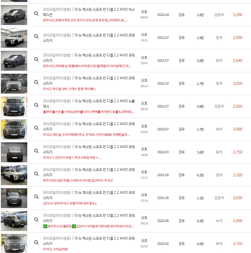 더 뉴 렉스턴 스포츠 칸 중고차 시세 : 2,190만원~4,180만원