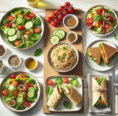 건강하고 빠른 점심 레시피: 신선한 샐러드, 간단 파스타, 저칼로리 랩 샌드위치
