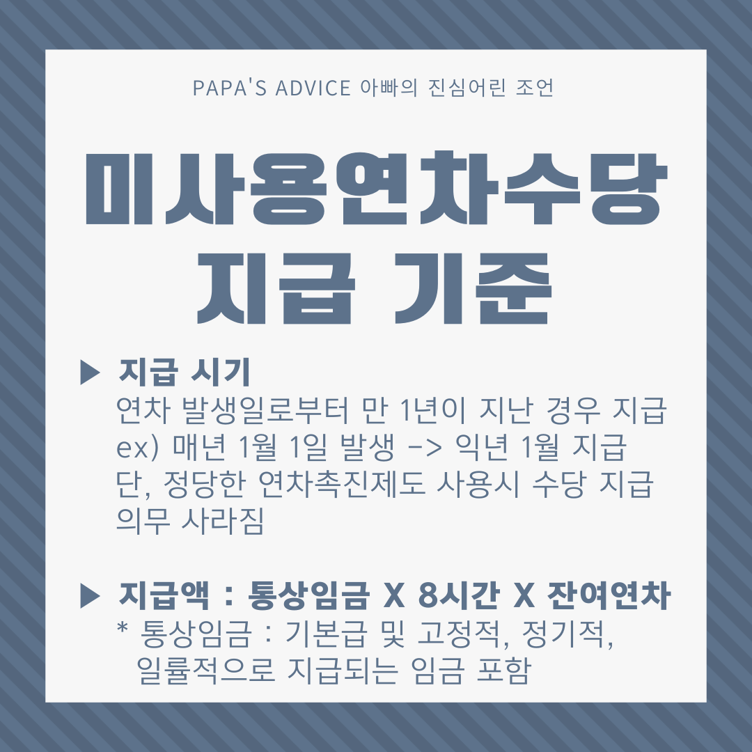 미사용연차수당은-연차발생일로부터-만1년이후-지급됩니다.-단,-정당한-연차촉진제도-사용시-사용자는-수당지급에-대한-의무가-사라집니다.-지급액은-통상임금X8시간X잔여연차개수-로-지급됩니다.