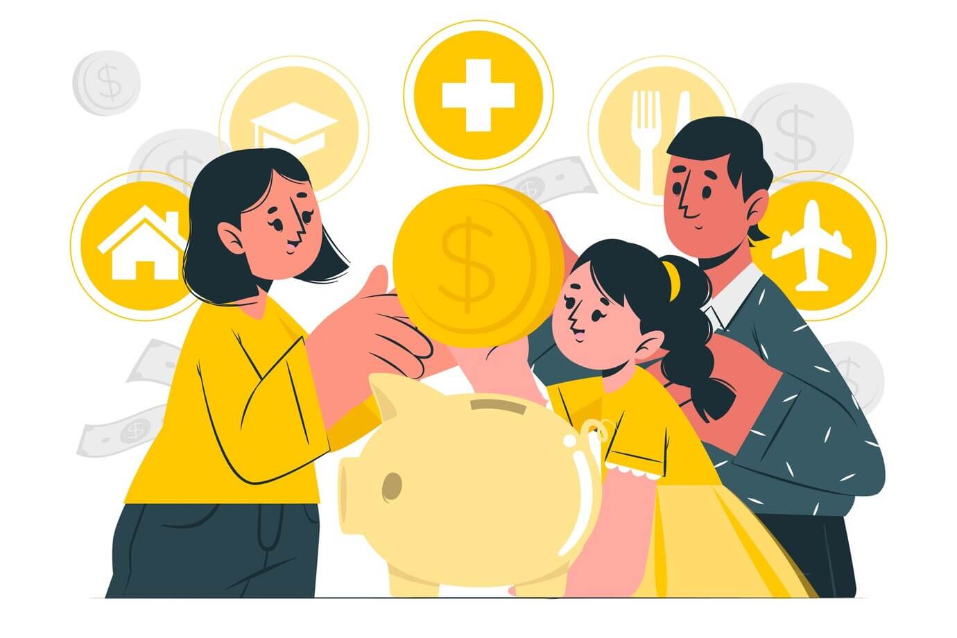 돼지저금통에 저금하는 가족