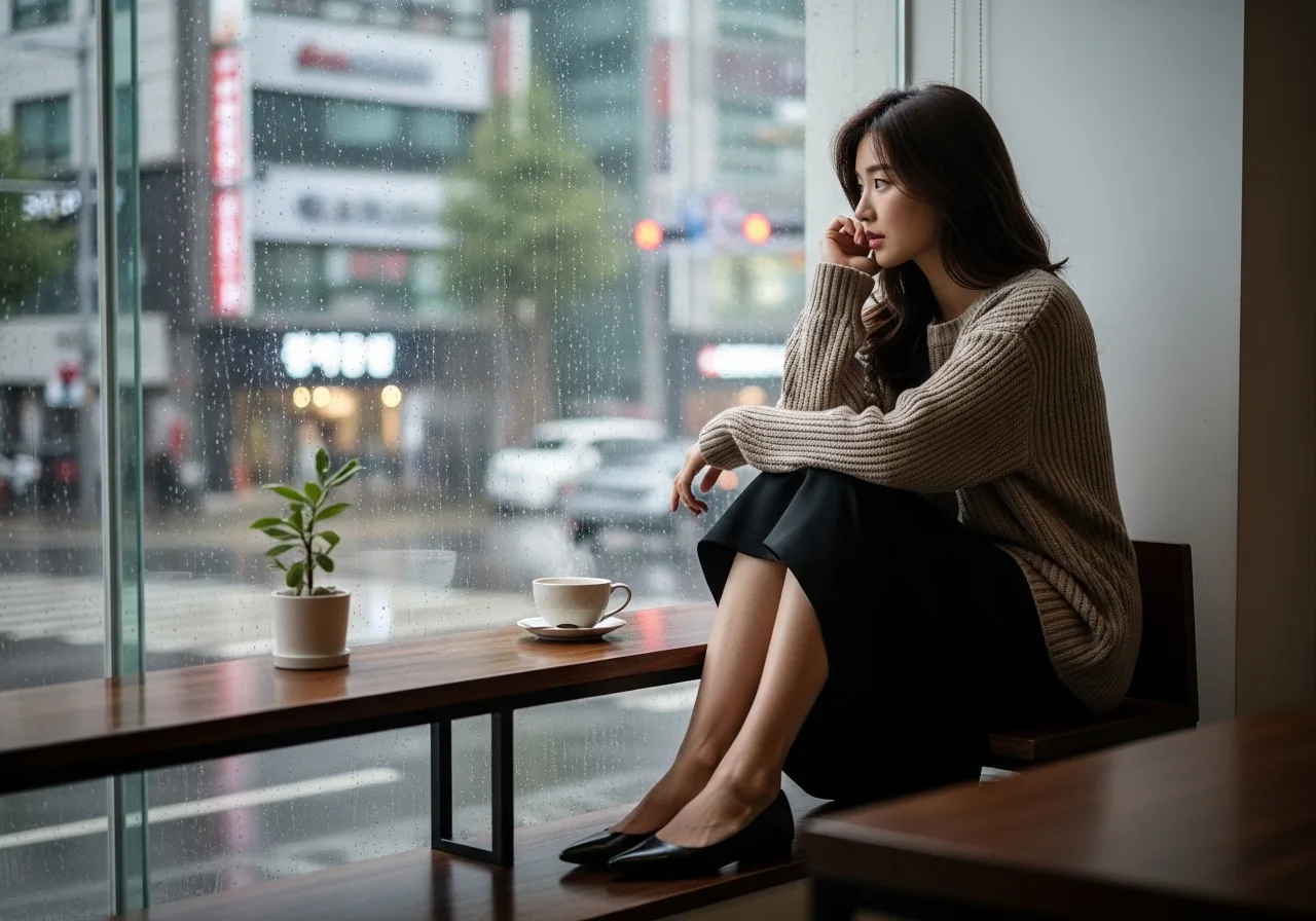 카페 창가에 앉은 젊은 한국인 여성이, 창문에 비친 자신의 모습을 보며 깊은 생각에 잠겨 있다