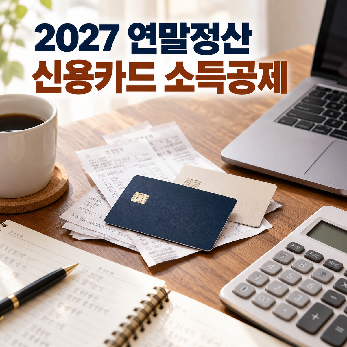 영수증과 카드 두 장, 계산기와 노트북이 놓인 책상 위 2027 연말정산 신용카드 소득공제 대표 이미지
