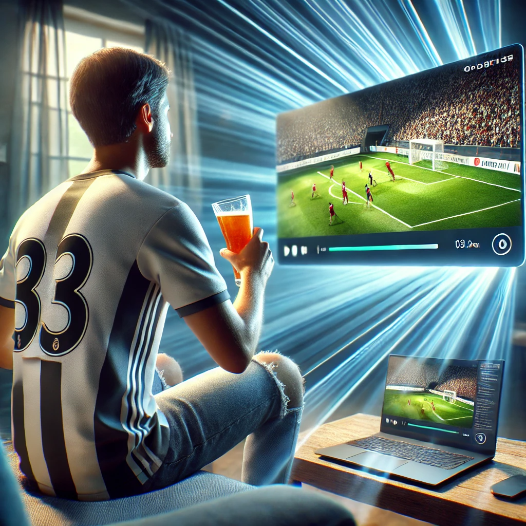 노트북으로 OTT 서비스에서 스포츠 경기를 보는 스포츠 팬.