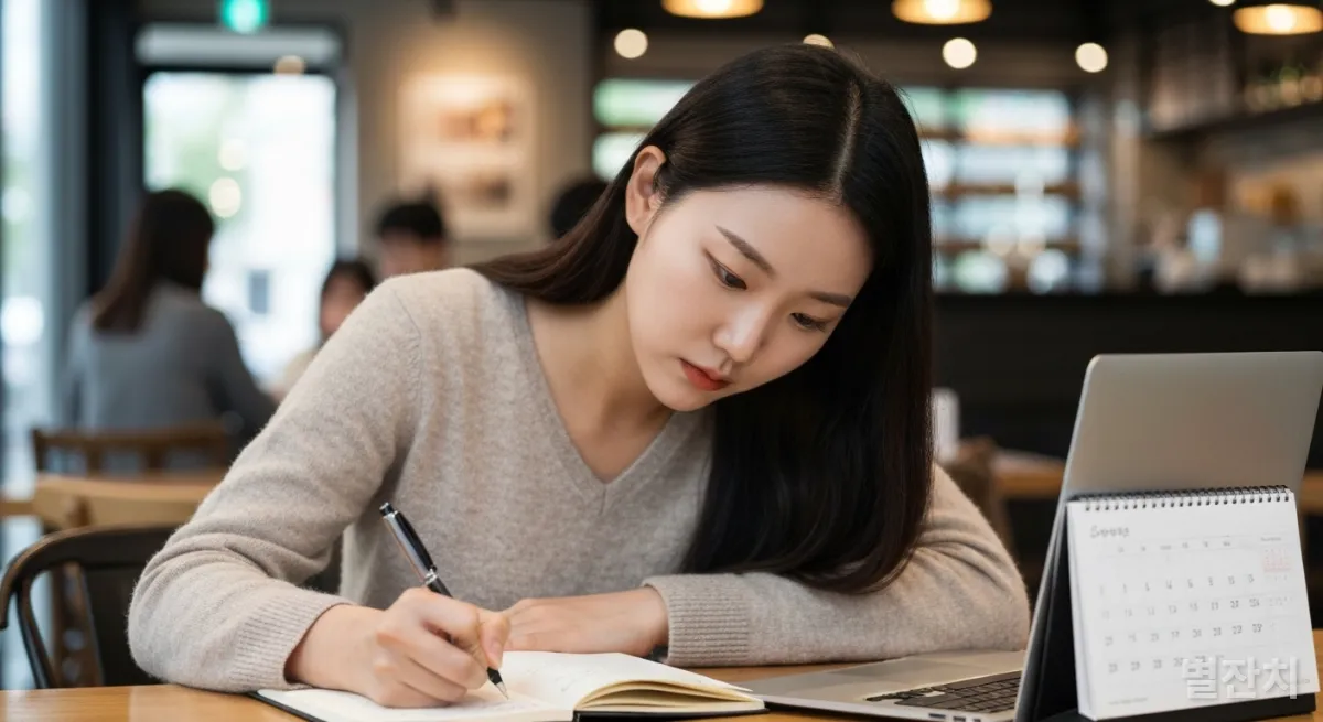 카페에서 목표를 설정하고 계획을 세우는 한국인 여성
