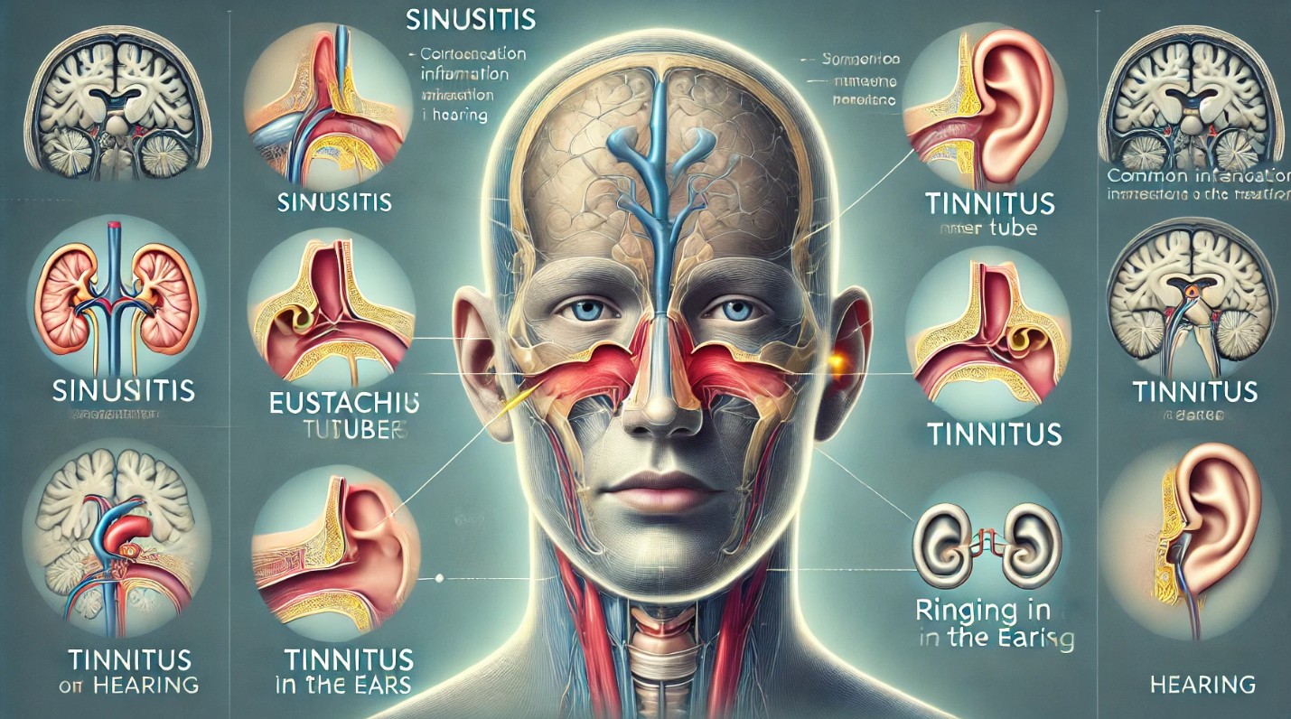 얼굴의 부비동, 이관(유스타키오관), 내이(속귀) 부위를 강조하여 염증이 청각과 귀 압력에 미치는 영향을 시각화. 주요 증상으로 코막힘, 귀 압력 변화, 귀울림(이명)이 포함된 건강 정보 이미지