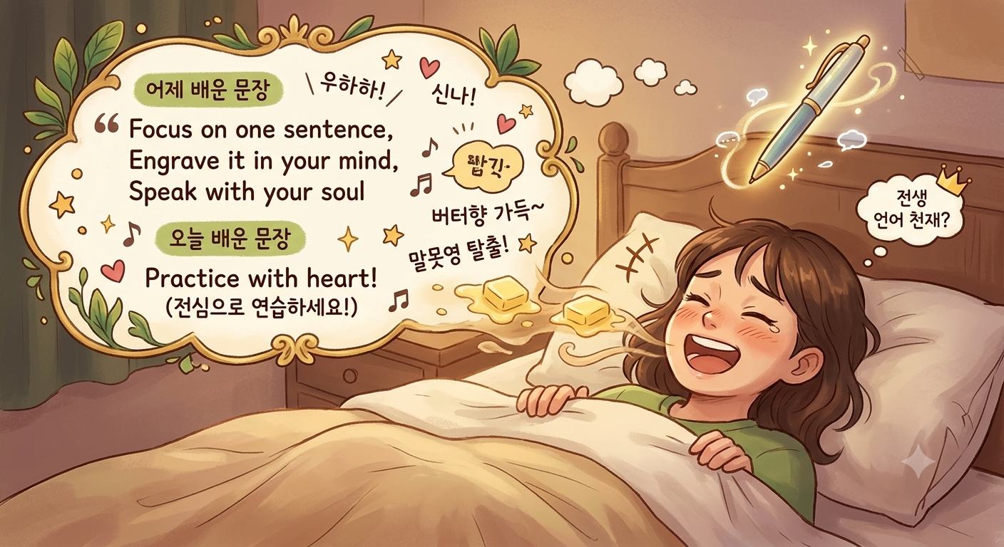 침대에 누워 눈을 감고 버터향 가득한 발음으로 영어 문장을 신나게 외치는 모습. 머리 위에는 반짝이는 생각펜이 떠 있고, 어제와 오늘 배운 영어 문장(Practice with heart!)이 가득 적힌 화려한 말풍선과 '전생 언어 천재?'라고 적힌 귀여운 생각 풍선이 그려진 일러스트.