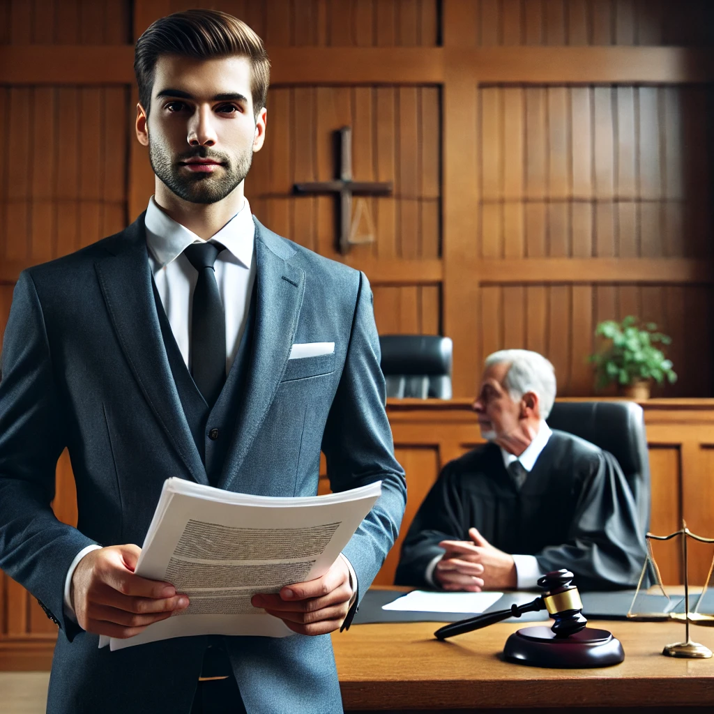 상속과 유류분에 관한 변호사가 재판장에서 판사에게 사건을 설명하는 법정 장면.