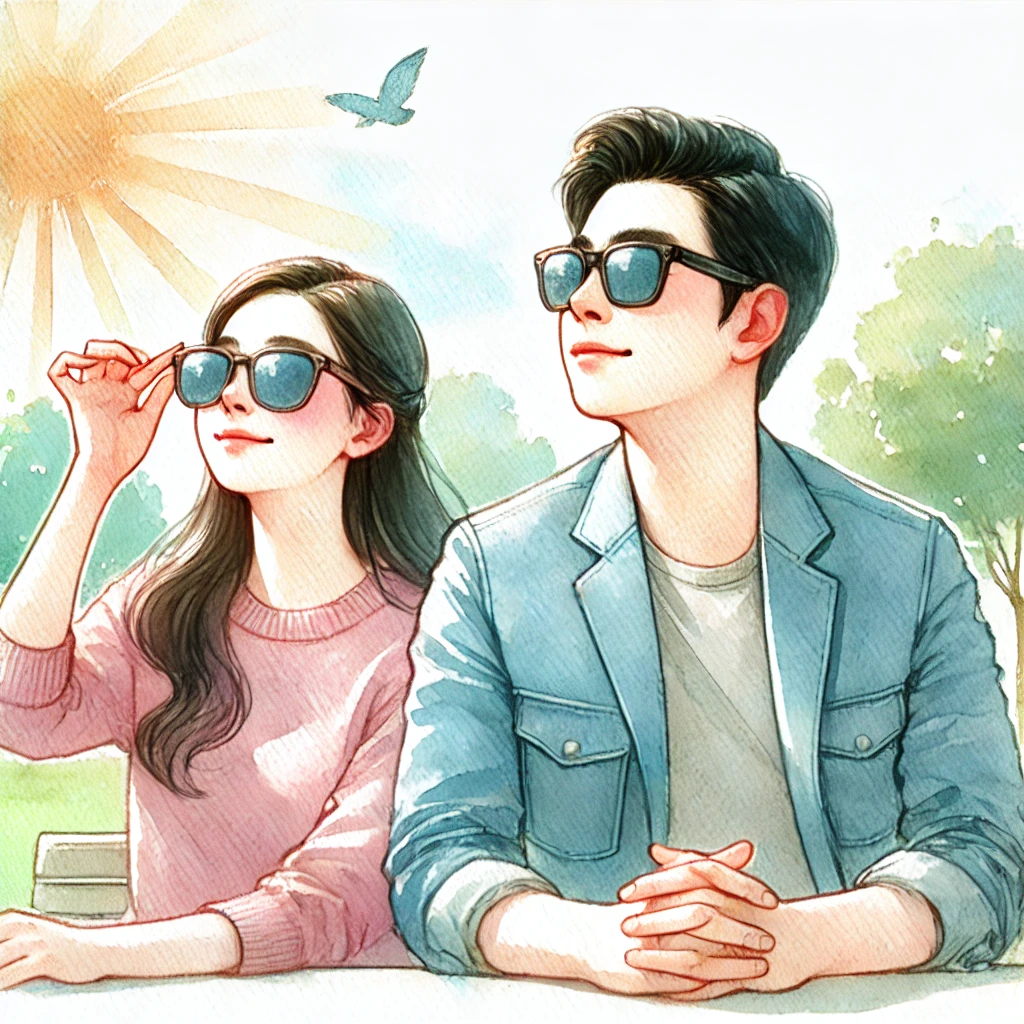 공원에서 선글라스를 쓰고 햇빛을 즐기는 아시아 부부 (야외 눈 보호 강조)