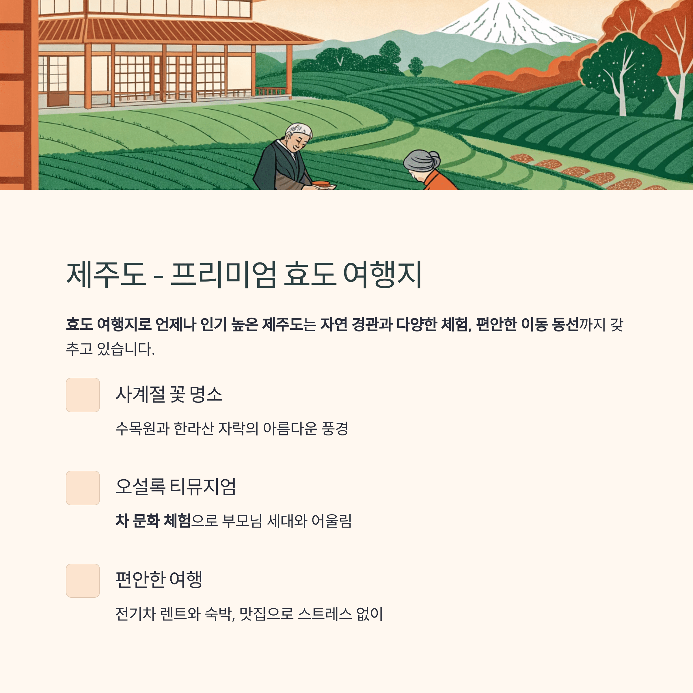 제주도의 사계절 꽃 명소와 티 뮤지엄 등 다양한 체험 가능한 프리미엄 효도 여행