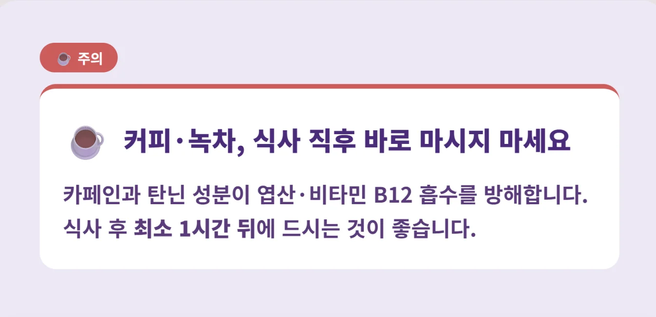 식사 직후 커피나 녹차 섭취가 엽산과 비타민 B12 흡수를 방해한다는 주의사항