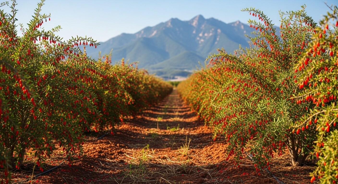 구기자 재배지 전경, 붉은 열매가 익은 들녘 풍경