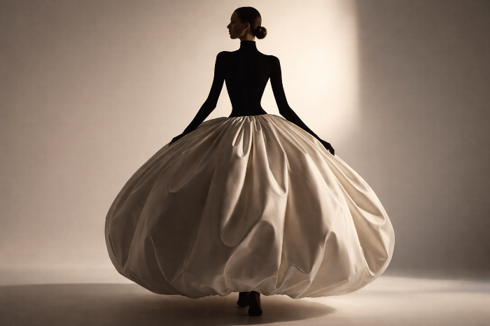 2026년 봄 정석 코디인 벌룬 스커트와 슬림 상의의 볼륨 대비 스타일링.