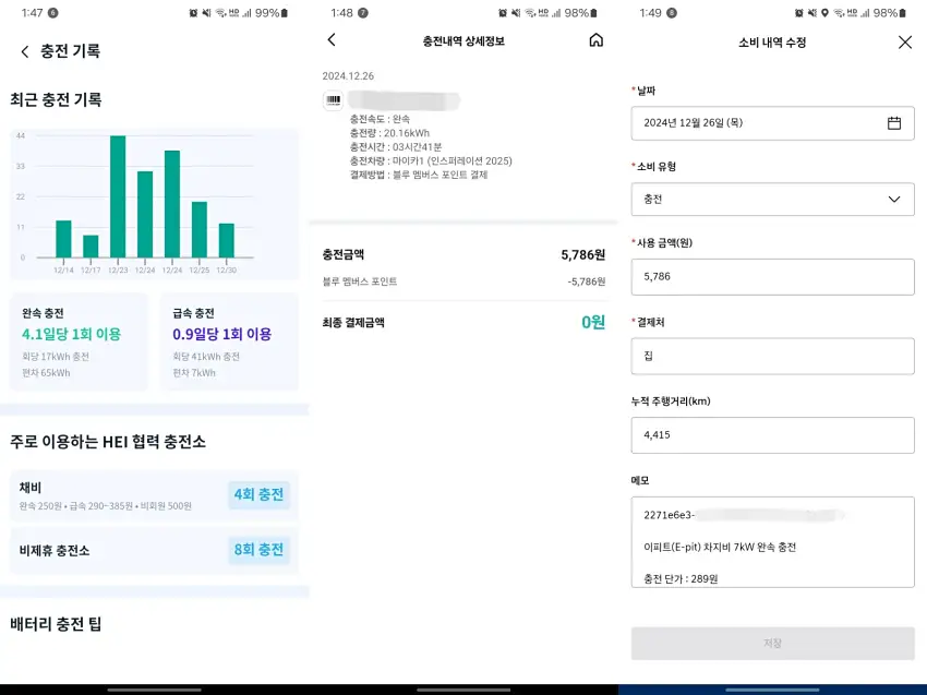 채비 비포어, 이핏 충전 내역, 마이현대 3.0 차계부에 기록된 내용을 모았습니다.