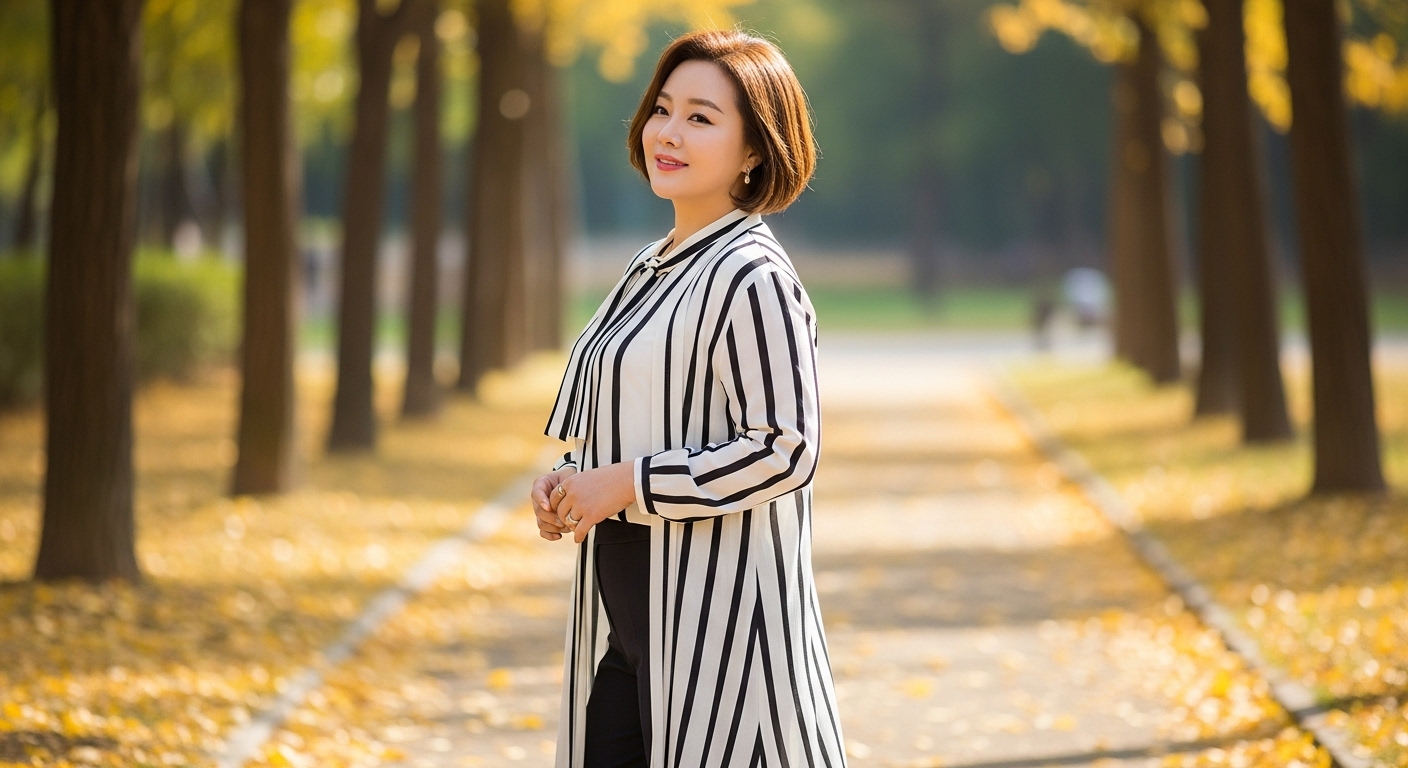 세로 라인이 들어간 블라우스와 가디건을 입고 서 있는 여인