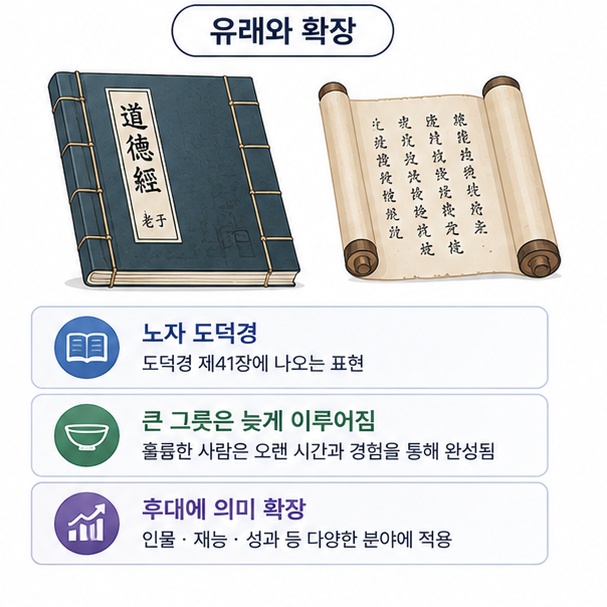 노자 도덕경에서 유래한 대기만성의 고전적인 배경을 오래된 책과 두루마리로 보여주는 그림