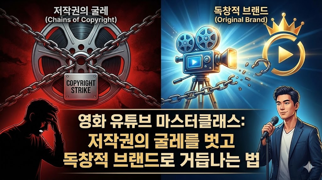 저작권 경고에 괴로워하는 제작자의 모습에서 벗어나 당당하게 마이크를 잡은 전문 크리에이터로 변모하는 과정. 붉은색의 저작권 압박과 푸른색의 브랜드 성공 에너지를 극명하게 대비시킨 마스터클래스 썸네일