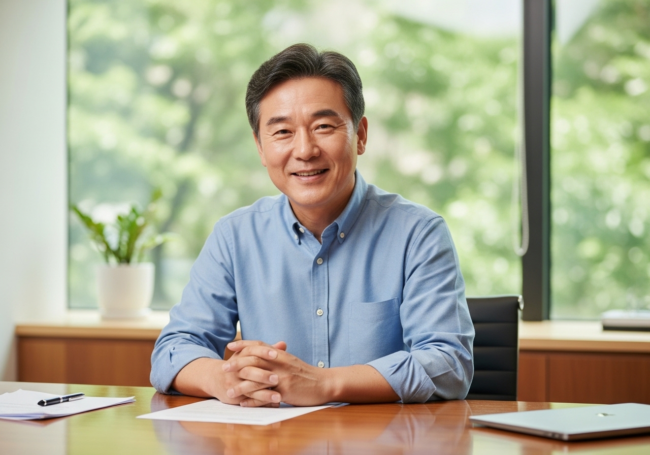 50대 한국인 남성, 스마트캐주얼, 사무실 책상 앞