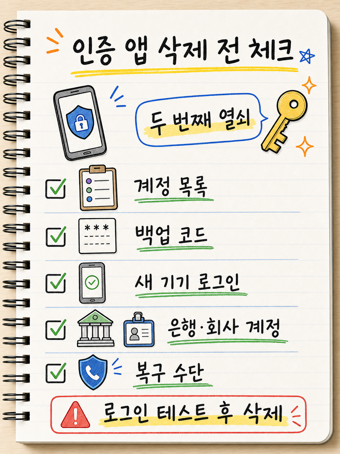 인증 앱 삭제 전 계정 목록과 백업 코드, 새 기기 로그인, 복구 수단을 정리한 노트형 요약 이미지