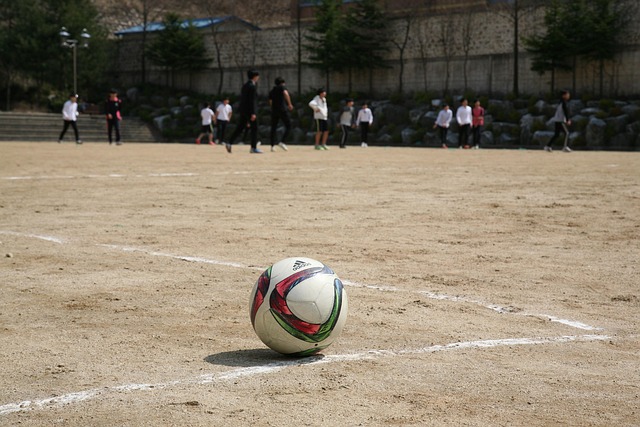 모래밭 운동장에 축구공 사진