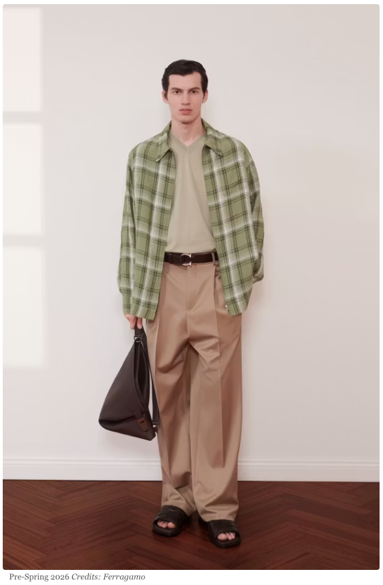 Ferragamo 남성 캐주얼 룩 – 체크 셔츠와 와이드 팬츠 스타일